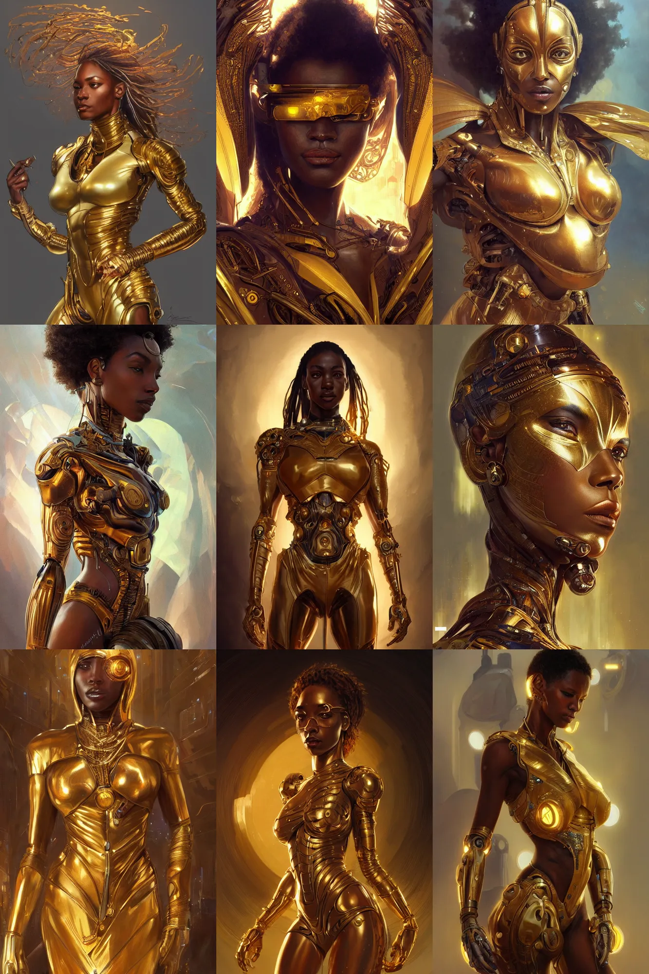 Prompt: Ultra realistic,golden cyborg african woman, cyberpunk, sci-fi, fantasy, intricate, elegant, highly detailed, digital painting, artstation, concept art, smooth, sharp focus, illustration, art by artgerm and greg rutkowski and alphonse mucha