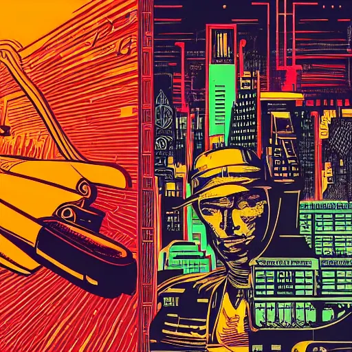 Image similar to Illustrated by Shepard Fairey and H.R. Geiger | Retro futuristic cyberpunk city