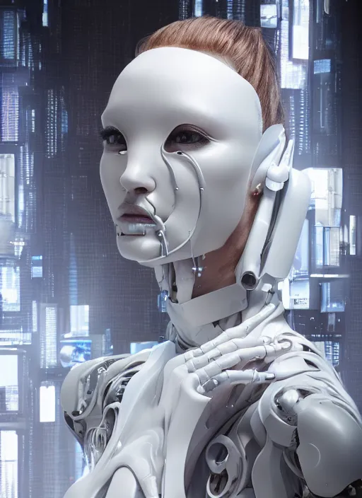 Prompt: a white cast futuristic biomechanical humanoid woman with prety face, a most beautifull form of chaos by a brutalist designed, cyberpunk, 8 k,