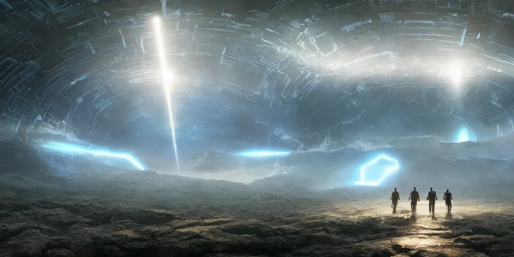 Image similar to ancient alien portal, crowd of androids, beams of light from sky, wormhole, matte painting, dreamscape, digital rain, global illumination, the great beyond, trending on artstation