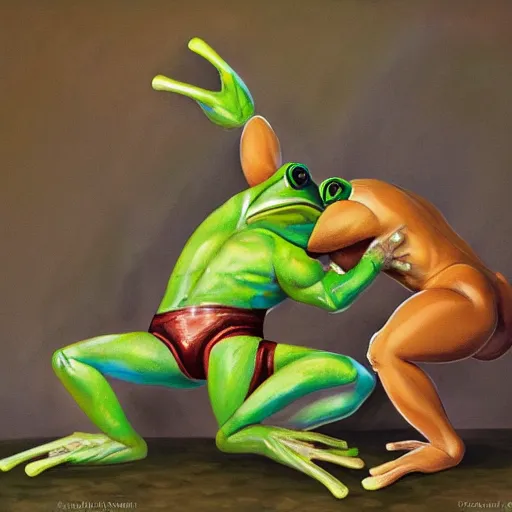 Image similar to a muscular anthro frog character suplexing an anthro toad character in a makeshift wrestling ring, dynamic, oil painting, cartoon, very detailed