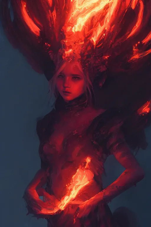 Image similar to a fancy portrait of a young Demon girl covered in flames by Greg Rutkowski, Sung Choi, Mitchell Mohrhauser, Maciej Kuciara, Johnson Ting, Maxim Verehin, Peter Konig, final fantasy , 8k photorealistic, cinematic lighting, HD, high details, atmospheric , trending on artstation