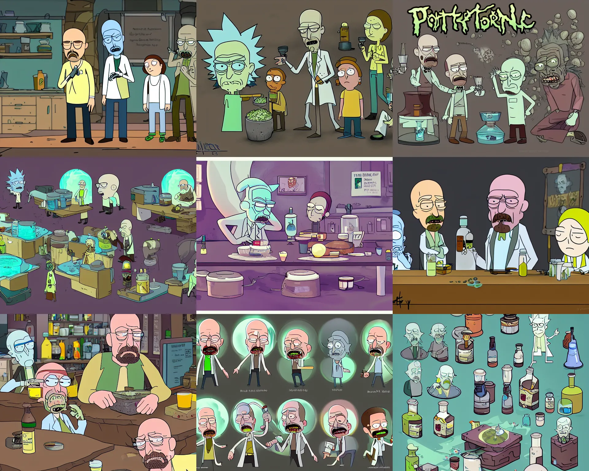 Image similar to walter white is brewing potions with rick and morty, highly detailed, digital art, trending on artstation