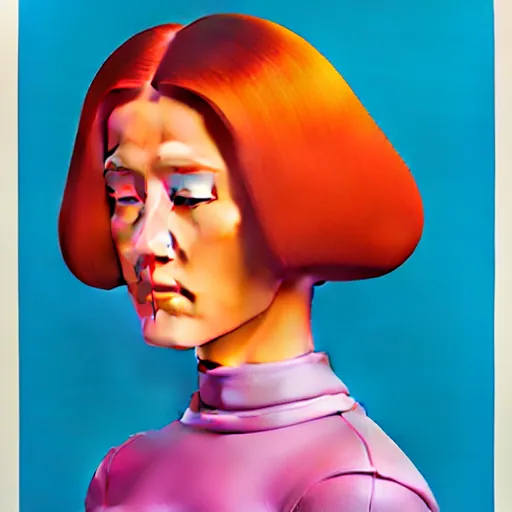 Prompt: redhead woman by shusei nagaoka, kaws, david rudnick, airbrush on canvas, pastell colours, cell shaded, 8 k