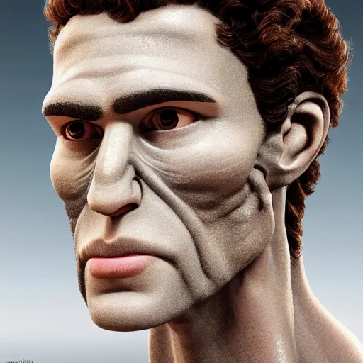 Image similar to portrait photograph of a beautiful handsome perfect handsome squidward with majestic thick curly brown hair and an extremely chiseled jawline with sharp jagged cheekbones and a strong symmetrical facial structure with decently big lips realistic hyperrealistic 4 k resolution 8 k resolution highly detailed very detailed extremely detailed hd quality detailed face very detailed face extremely detailed face trending on artstation