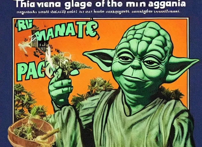 Prompt: vintage travel advertisement for the planet dagobah, of yoda smoking a huge marijuana cigarette, surrounded by cannabis plants