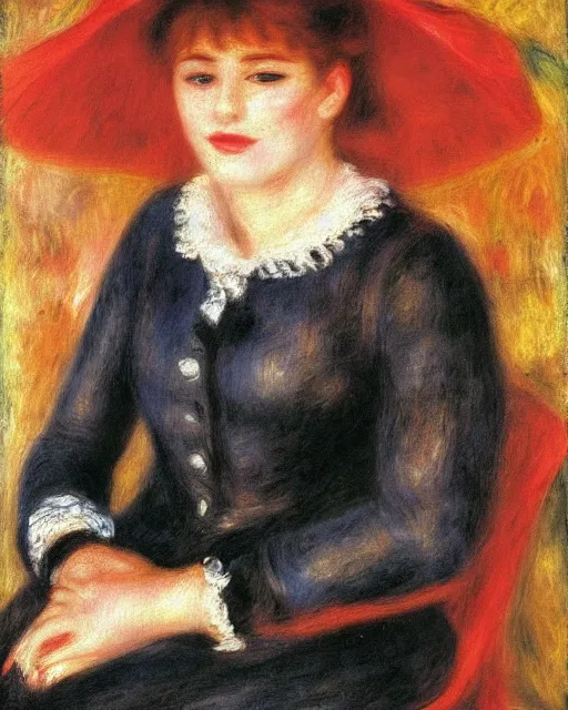 Image similar to a pierre - auguste renoir portrait painting of a woman wearing a red dress dancing in the pouring rain