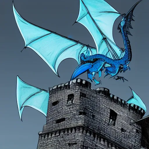 Prompt: A large azure dragoness atop a castle tower by Andy Kubert, noir, gloomy, highly detailed