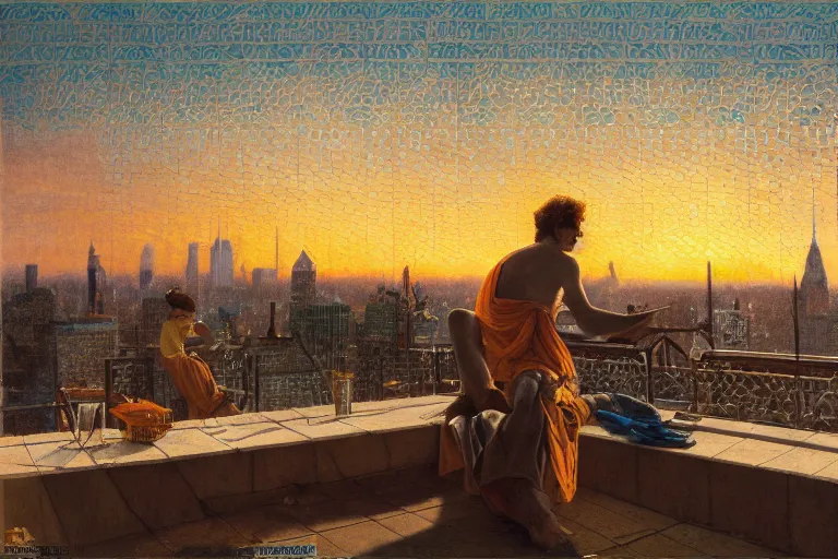 Image similar to painting of a diskjockey in a rooftop, watching new york, beautiful, sunset, romantic, by ludwig deutsch and maxfield parrish, patterned tilework, extremely detailed, cinematic lighting, smooth sharp focus