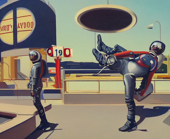 Image similar to a very detailed painting of a astronaut wearing a suit, riding a motorbike down a street, harley davidson motorbike, worm's - eye view, very fine brush strokes, very aesthetic, very futuristic, in the style of edward hopper and grant wood and syd mead, 4 k,