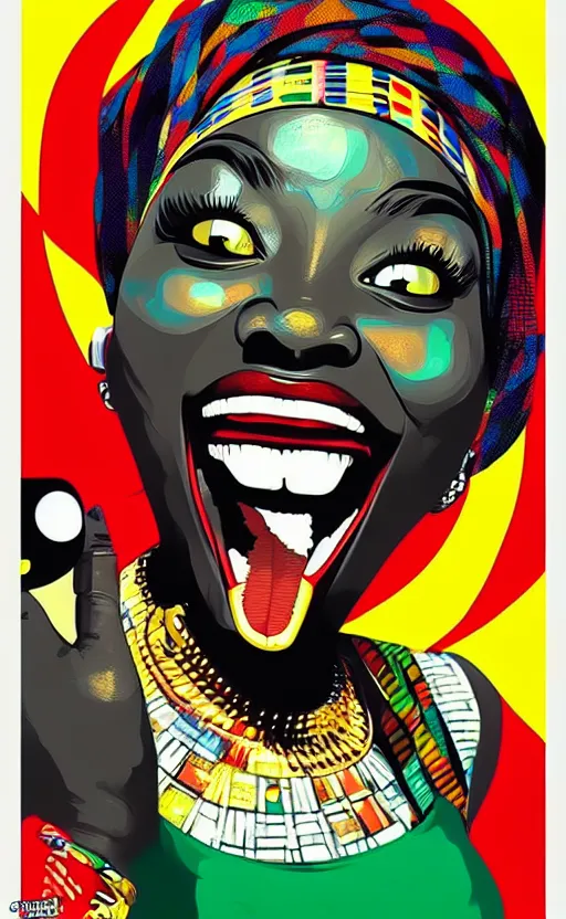 Prompt: mama africa laugh at her child!!! pop art, pixel, bioshock, gta chinatown, artgerm, richard hamilton, mimmo rottela, julian opie, aya takano, ultra hardly intricate details!!! ultra realistic visual!!!