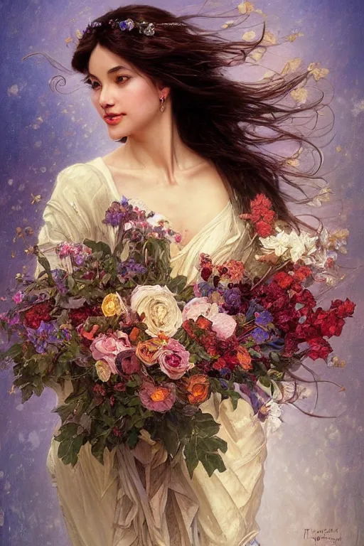 Image similar to portrait of a beautiful mysterious woman holding a bouquet of flowing flowers, hands hidden under the bouquet, fantasy, regal, intricate, by stanley artgerm lau, greg rutkowski, thomas kindkade, alphonse mucha, loish, norman rockwell