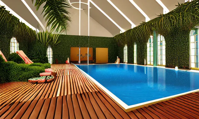 Image similar to 3d render of indoor pool with ferns and palm trees, pool tubes, chromatic abberation, depth of field, 80s photo