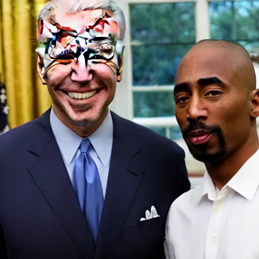 Prompt: tupac shakur visits joe biden at the oval office, photorealistic, ultra hd, 4 k, award winning, patriotic