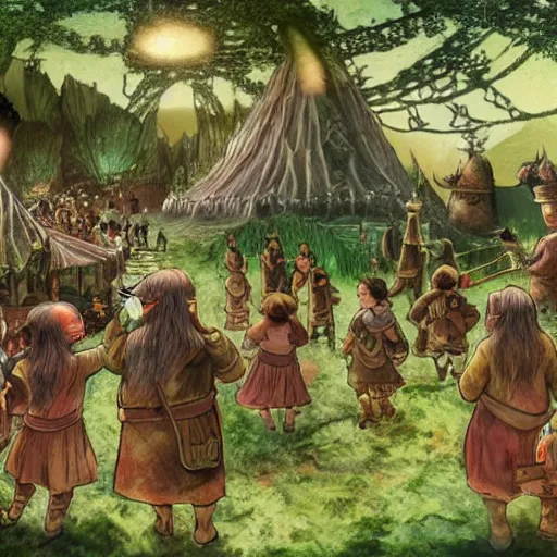 Image similar to a beatiful dwarven festival in 1917 in a fertile green park with surreal elven nature, a gnome rock band concert and dwarven BBQ