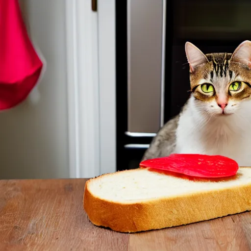 Image similar to a cat makes a ham sandwich in a kitchen, 85mm f1.8