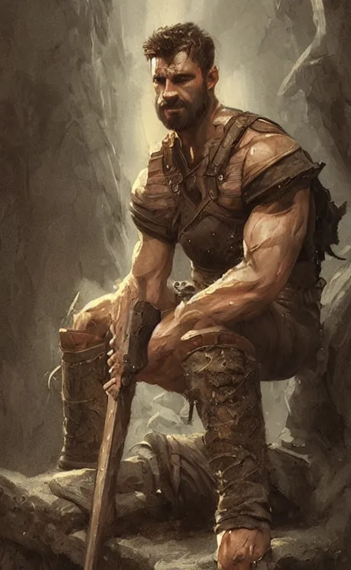 Prompt: Portrait of a rugged ranger sitting down, male, muscular, straight nose!!!, detailed face, thighs!!!, simple clothing!!!!!, fantasy, medieval, highly detailed, cinematic lighting, digital art painting by greg rutkowski