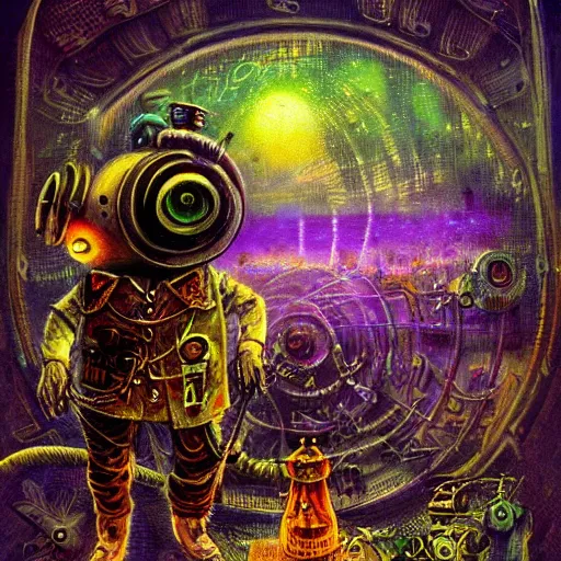 Image similar to steampunk rat, acid, 303, psychedelic, by paul lehr