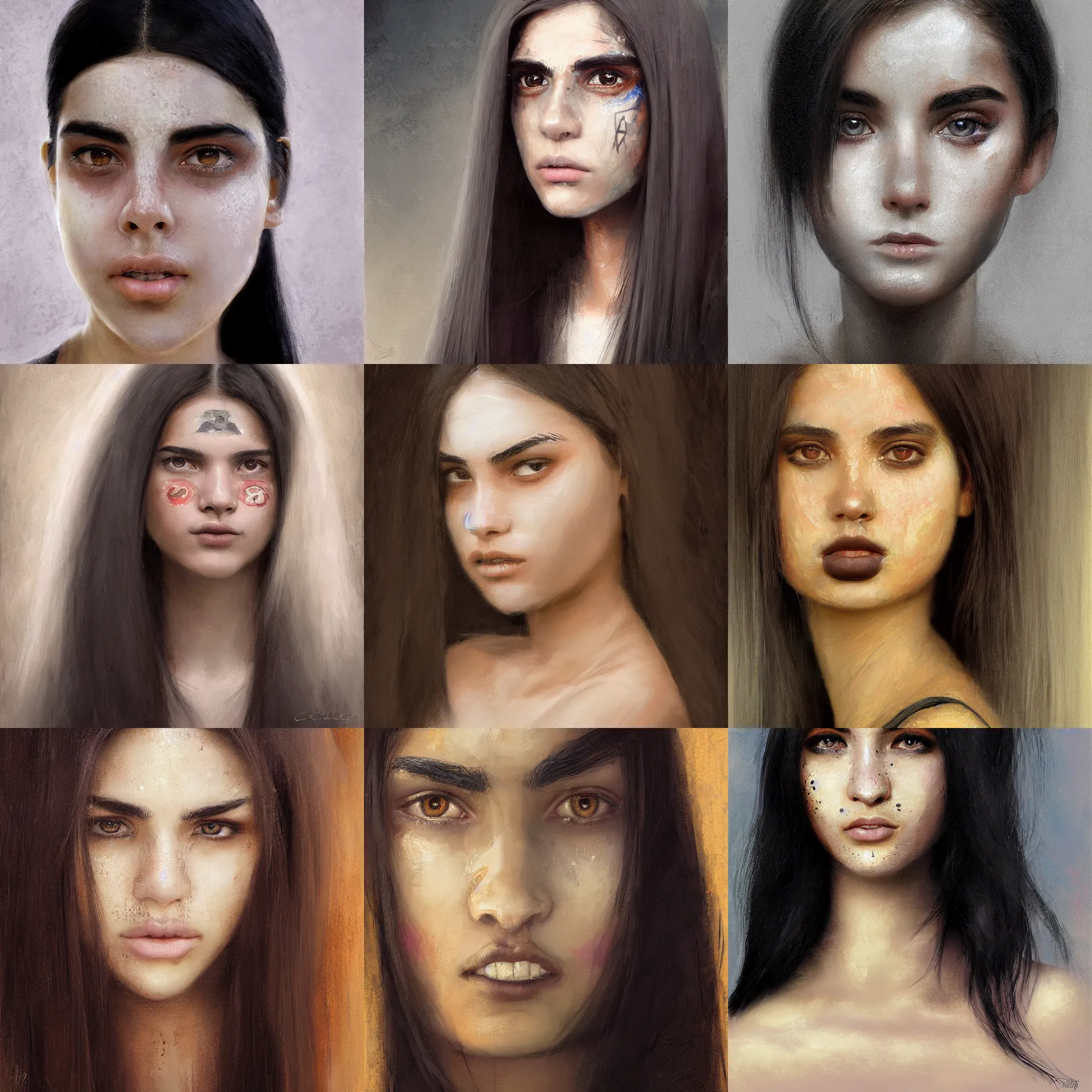 Prompt: digital art portrait painting of a 2 0 years old white skin young latino woman, long black straight hair, thick eyebrows, very small eyes, small straight nose, strong defined jaw, brown eyes, smiley looking face painted by craig mullins and gaston bussiere and greg rutkowski, symmetrical facial features, symmetrical face, defined facial features, beautiful face, dramatic lighting
