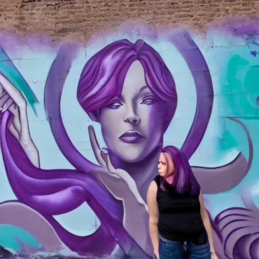 Prompt: a beautiful woman with ( ( purple hair ) ) in front of a spray painted murals in an alley in france