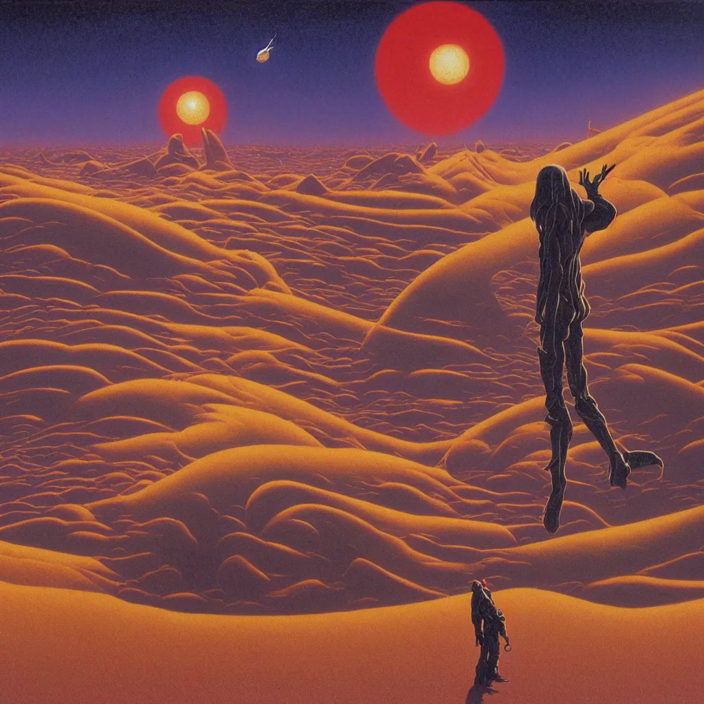 Image similar to high detailed lone person looking to its dying planet on a progressive rock 70s 80s album cover style by Barry Godber, oil paint on canvas, moebius, incal, realistic art, evangelion third impact inspired, dune, pulp magazines cover art, Eliran Kantor, sand and desert environment, Eloy band, cinematic, unreal engine, high quality, eerily beautiful, cgsociety, 4K, UHD, Zdzisław Beksiński, by George Caleb Bingham and Donato Giancola and Bob Eggleton, trending on ArtStation