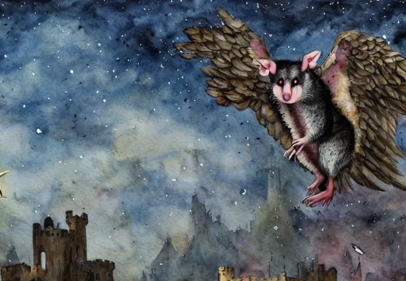 Image similar to Threatening winged possum flying over a medieval castle under a dark starred sky, dark fantasy, watercolor, dreaming illusion, highly detailed, 4k, trending on Artstation, award-winning