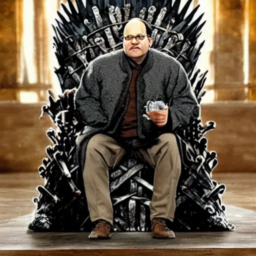 Prompt: George Costanza sitting on the iron throne from Game of Thrones