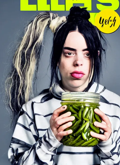 Image similar to Photo of Billie Eilish eating pickles from a jar, cover of a tabloid magazine