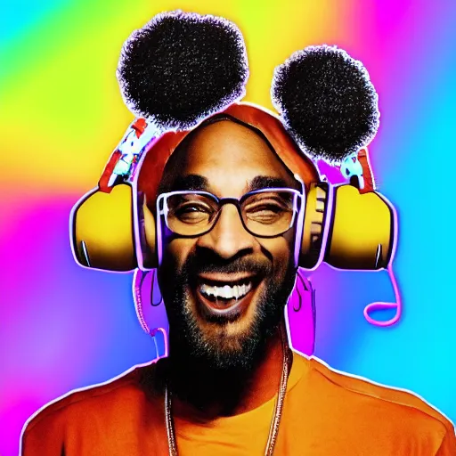 Image similar to svg sticker of a Dancing-Ben-Harper-Snoop-Spike-Lee-with-a-large-Afro-Puff, at a rave, spinning records, giant headphones rocking out, wearing headphones, huge speakers, dancing, rave, DJ, spinning records, digital art, amazing composition, rule-of-thirds, award-winning, trending on artstation, featured on deviantart