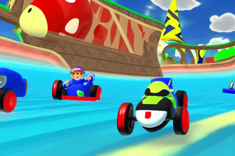 Image similar to whale driving a kart in mario kart double dash, wii screenshot, whale driving a kart