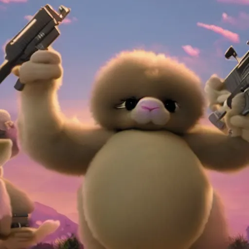 Image similar to fuzzy big chungus holding two mac - 1 0 s, shooting into the sky