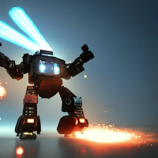 Prompt: Giant police mech fires rockets at fleeing car, color, cinematic lighting, highly detailed, octane render