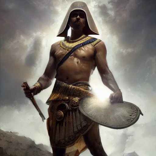 Prompt: a dramatic epic ethereal portrait of an ancient Egyptian soldier, full body with dynamic pose, male, detailed face, cinematic lighting, highly detailed oil on canvas painting by Greg Rutkowski, winning-award digital art trending on Artstation H 1024 W 832