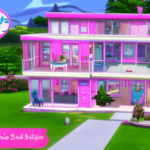 Prompt: the barbie dream house in the sims 4, exterior