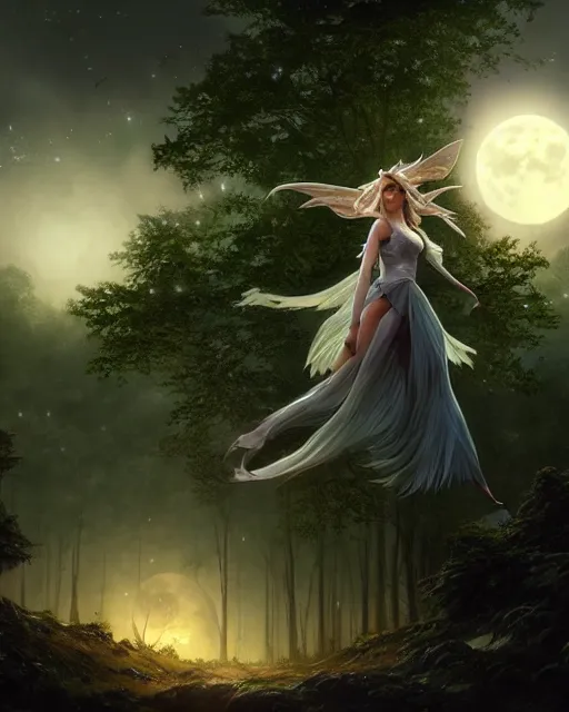 Image similar to attractive fairy goddness fly high in the night, d & d, fantasy, mist, full moon in background, trees, hyper detailed, art by artgerm and greg rutkowski and magali villeneuve, midium shot, 8 k realistic, cryengine, digital painting, trending on artstation, concept art, sharp focus, illustration,