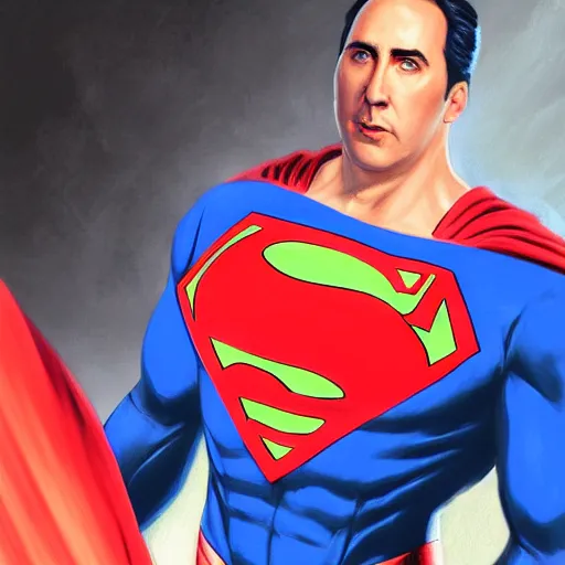 Prompt: nick cage as superman, portrait, highly detailed, full body, digital painting, trending on artstation, concept art, sharp focus, illustration, art by artgerm and greg rutkowski and magali villeneuve