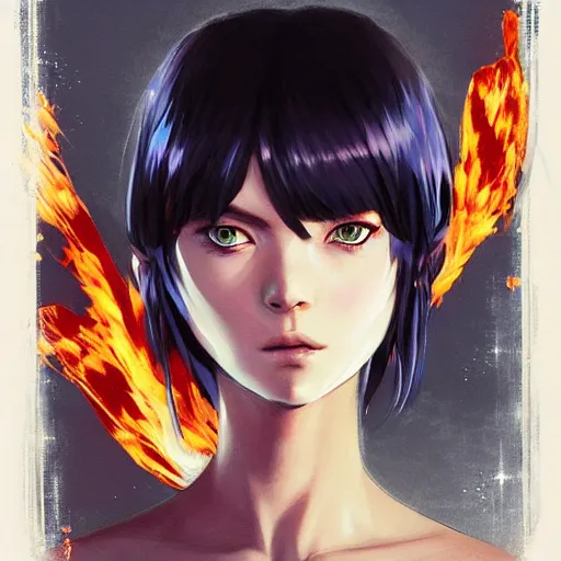 Prompt: A fire witch with big and cute eyes, fine-face, realistic shaded perfect face, fine details. realistic shaded lighting poster by Ilya Kuvshinov katsuhiro otomo ghost-in-the-shell, magali villeneuve, artgerm, Jeremy Lipkin and Michael Garmash, Rob Rey and Kentarõ Miura style, trending on art station