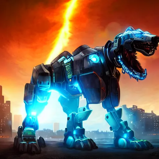 Image similar to hyper realistic, photographic, highly detailed cinematic full body shot of a 4 legged giant mecha canine, sharp claws, sleek armor, glowing visor, charging through city, destroying city, digital art, furry art, dragon art, zoids art, furaffinity, deviantart