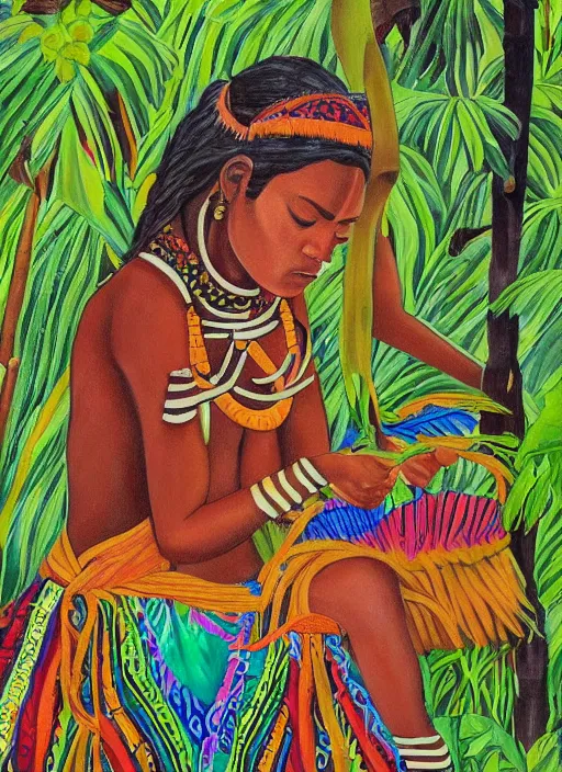 Image similar to a beautiful painting of an indigenous female doing crafting of a beautiful fabric in the jungle, realistic, ayahuasca