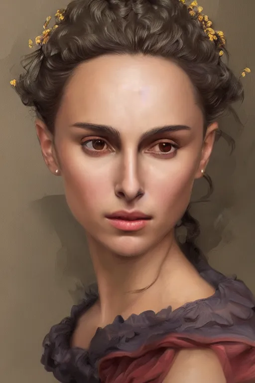 Image similar to Nathalie Portman portrait in a fantasy comic book, style portrait painting of François Boucher, Oil Painting, unreal 5, DAZ, hyperrealistic, octane render, Regal, Refined, Detailed Digital Art, RPG portrait, William-Adolphe Bouguereau, Michael Cheval, dynamic lighting, Highly Detailed, Cinematic Lighting, Unreal Engine, 8k, HD