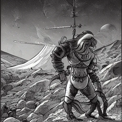 Prompt: persian folktale art style, barbarian on mars, pulp science fiction, standing atop boulder overlooking barren expanse, back facing the viewer