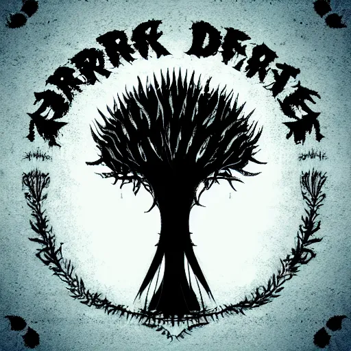 Image similar to dark death metal themed vector illustration for a record label, trees. forest, spikes, skull, microphone, skull, award winning, grunge, iconic, golden ratio