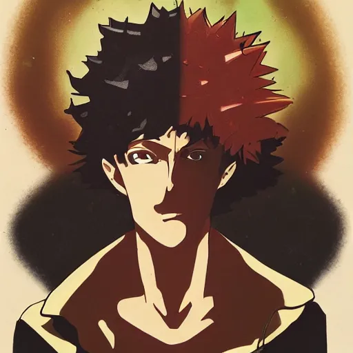 Image similar to , spike from anime cowboy bebop holding two handguns looking into the distance of space, physically accurate, dynamic lighting, intricate, elegant, highly detailed, very very Roberto Ferri, sharp focus, very very unsettling, very terrifying, illustration, art