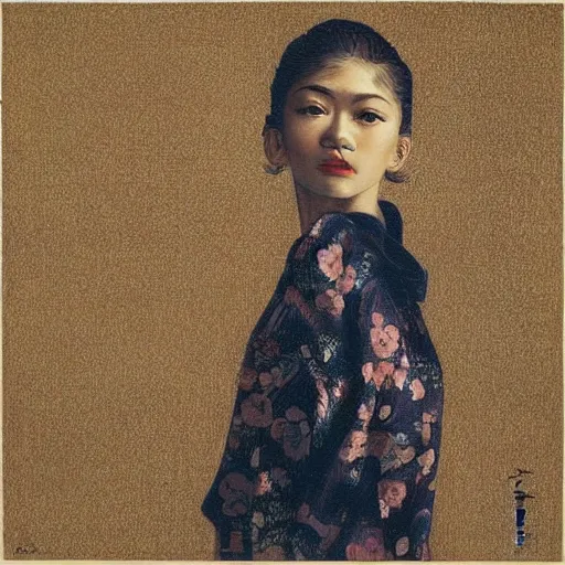 Prompt: “ zendaya portrait by ikenaga yasunari, drawing, realistic, sharp focus, japanese, dreamy, nostalgia, faded, golden hues, floral clothes, ”