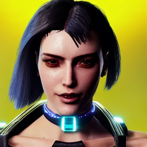 Image similar to female V from Cyberpunk 2077 wearing spiked choker, collar, 4K