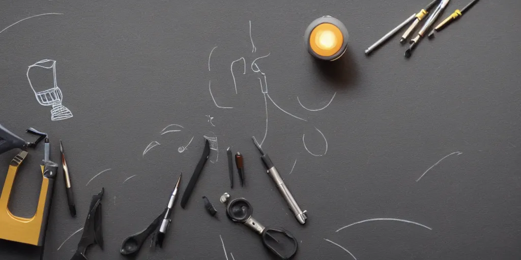 Prompt: artist's tools on black paper with a lamp on a desk