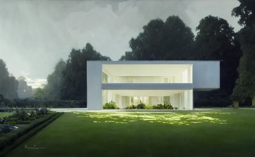 Image similar to painting of a wide angle exterior shot of a white modern architecture in the middle of an english garden with cinematic lighting by peter zumthor and renzo piano, darek zabrocki and greg ruthkowski, alphonse mucha, simon stalenhag and cinematic and blue cold atmospheric, archillect concept art, artstation, trending on artstation