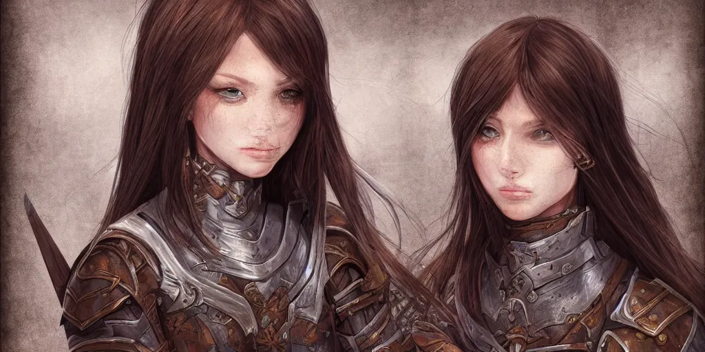 Prompt: 2 5 years old women : : dark straight hair : : overwheight, brown medieval cloting, light armor, natural materials : : high detail, digital art, illustration, realistic, rpg, fantasy