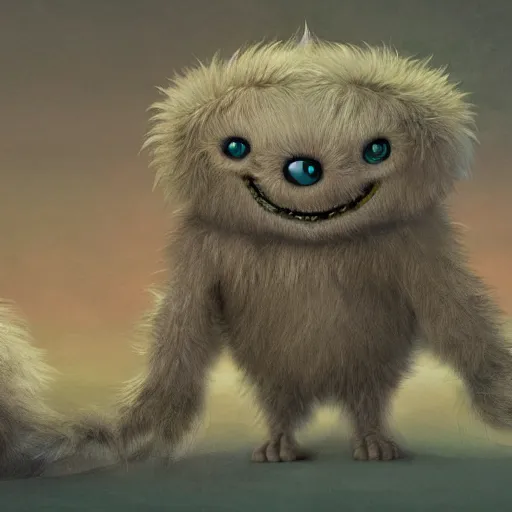 Image similar to cute fluffy alien monsters with long flowing detailed fur, detailed painting in the style of maurice sendak, 4 k