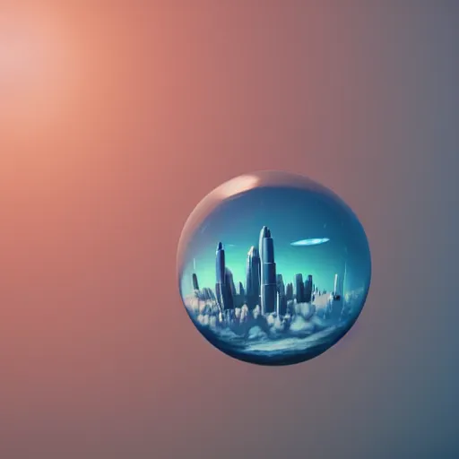 Prompt: miniature skyscraper inside a bubble, resting on clouds, realistic 3 d render, unreal engine, maya, 8 k, smooth, sharp focus, octane, starlight skies